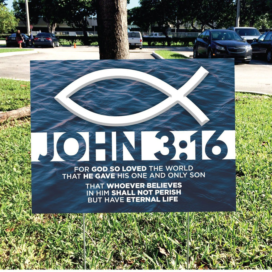John 3:16 Christian Yard Sign with Stake. Size: 18 H x 24W