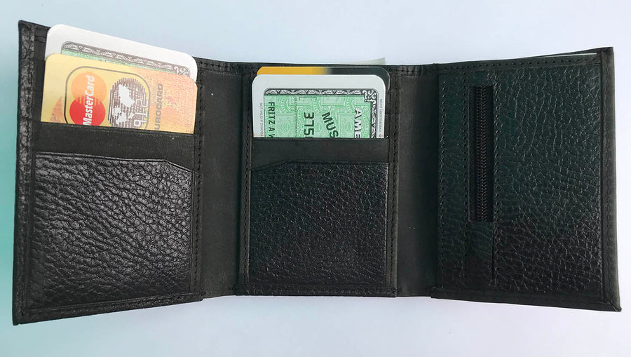 Black Leather Cowhide Trifold Wallet