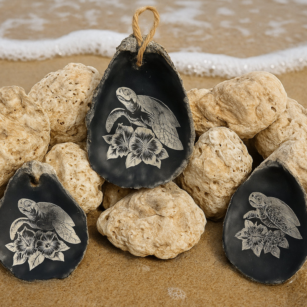 laser engraved sea turtle on oyster shell