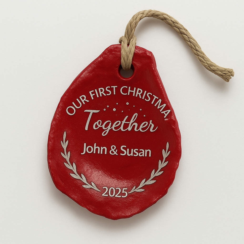 Red ornament with 'Our First Christmas Together' text on a white background