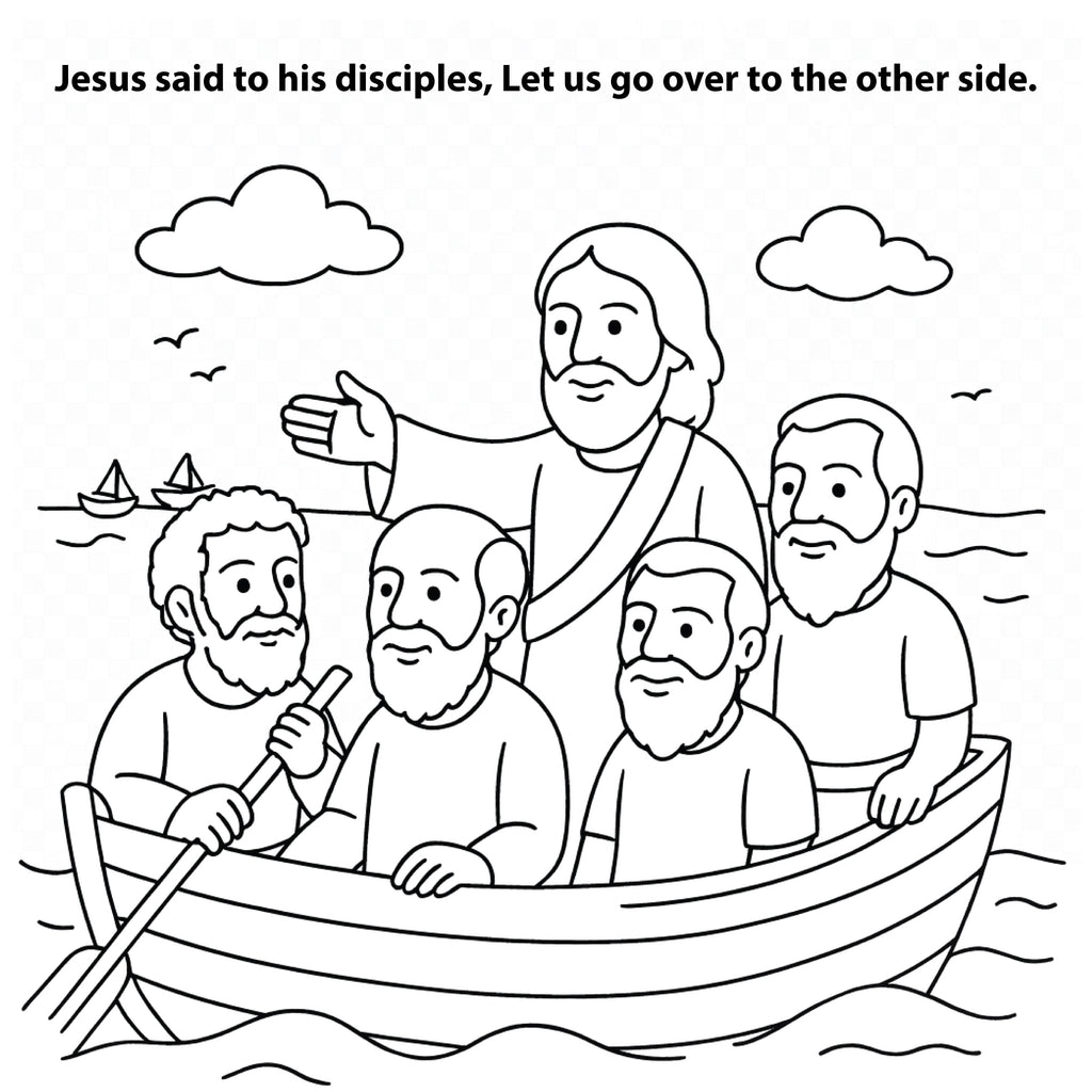 Coloring page with Jesus and his disciples in a boat, with text above.