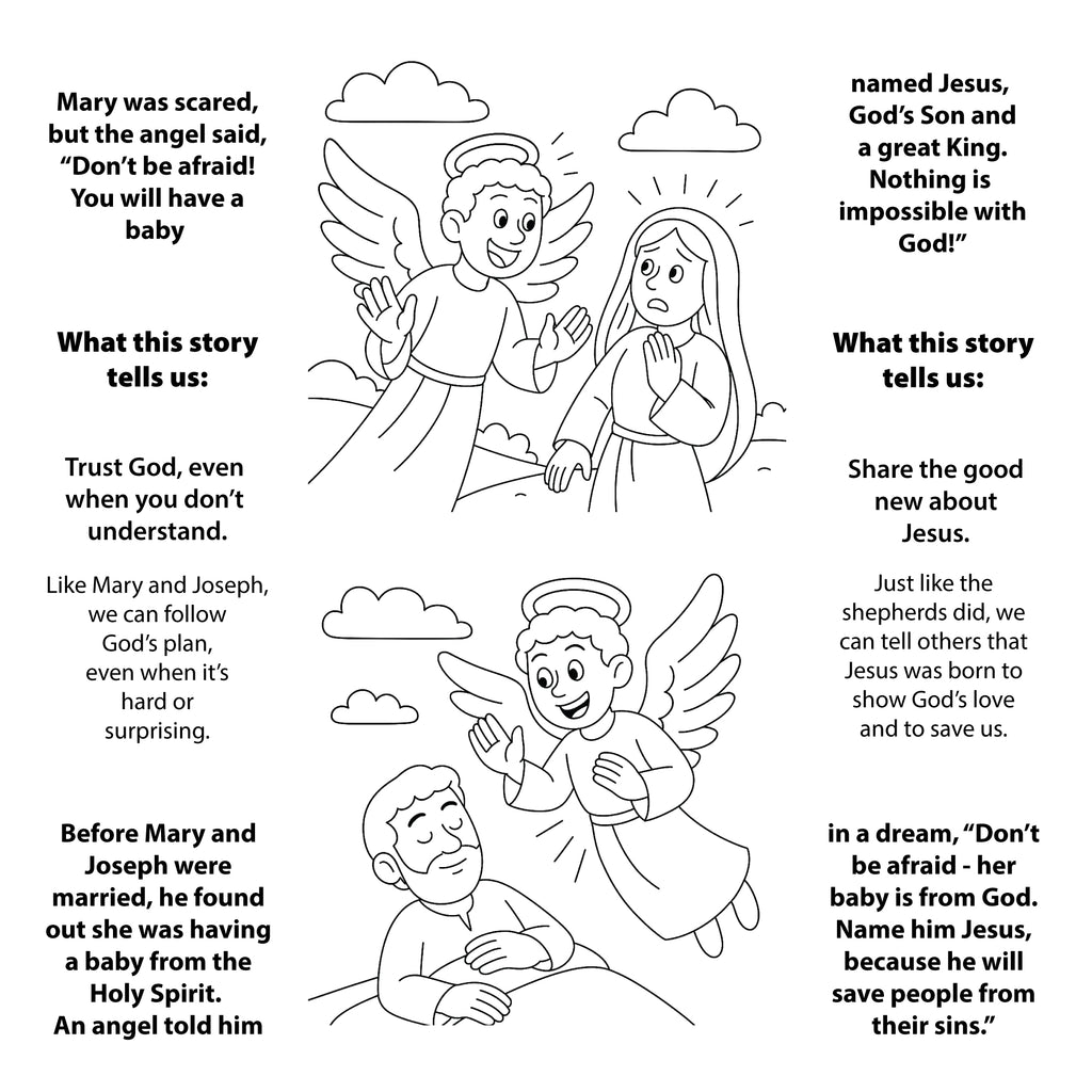 Illustration of an angel and Mary with text explaining the story of Jesus' birth.