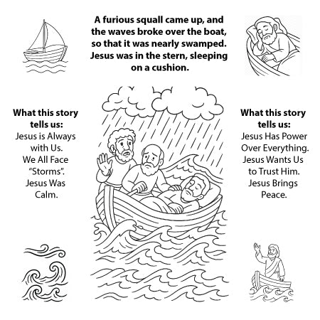 Illustration of Jesus calming the storm with text explaining the story and its lessons.