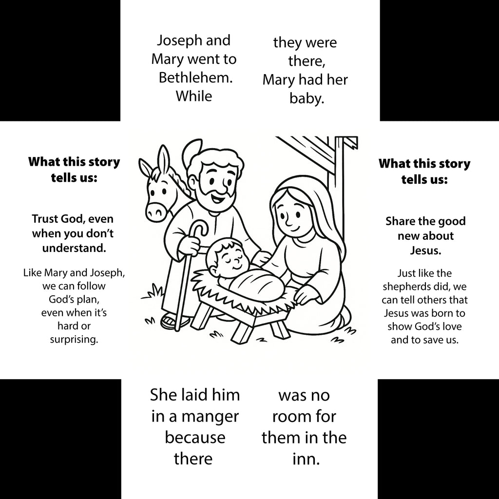 Black and white illustration of Mary and Joseph with baby Jesus in a manger, educational text about trust and sharing the good news.
