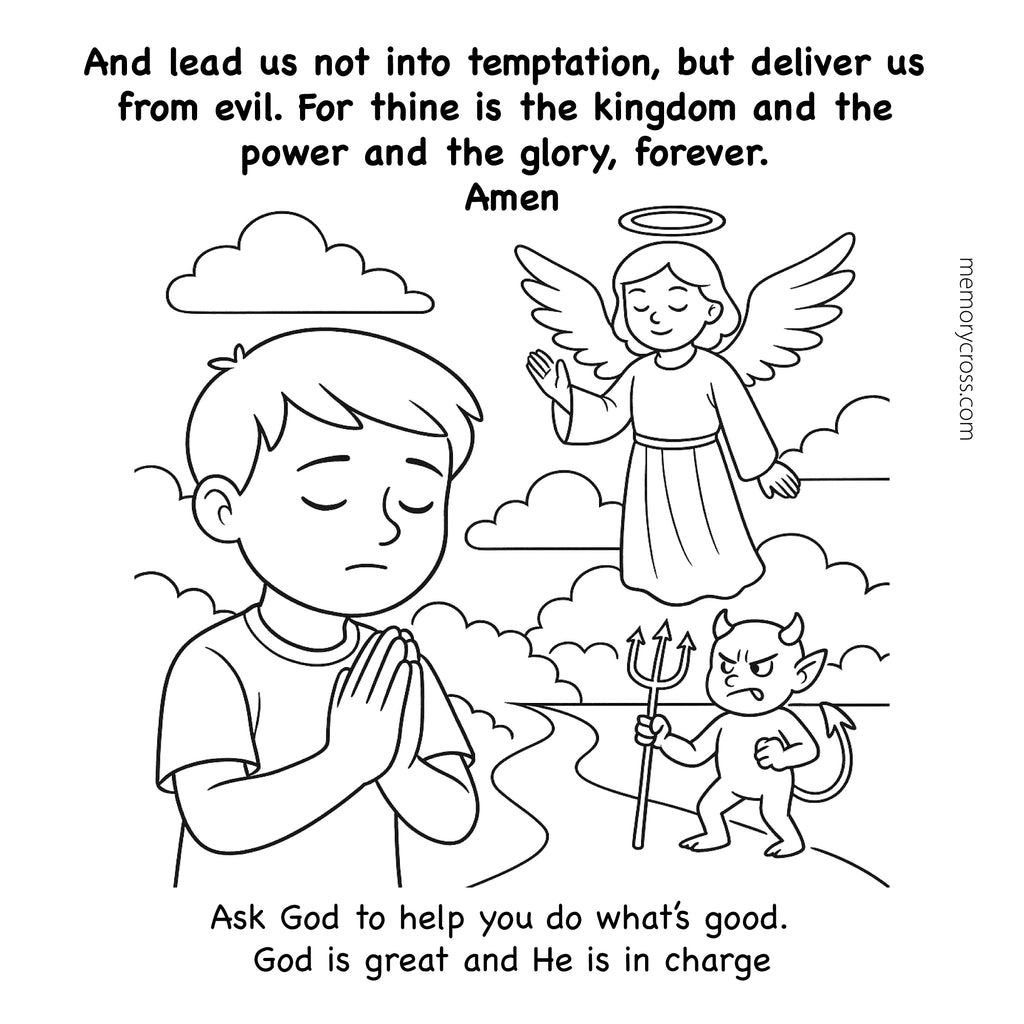 Black and white illustration of a child praying with an angel and devil, featuring religious text.
