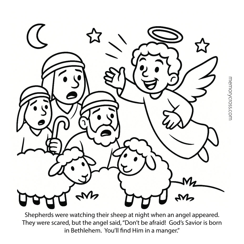 Black and white illustration of shepherds and an angel with text about the birth of Jesus.