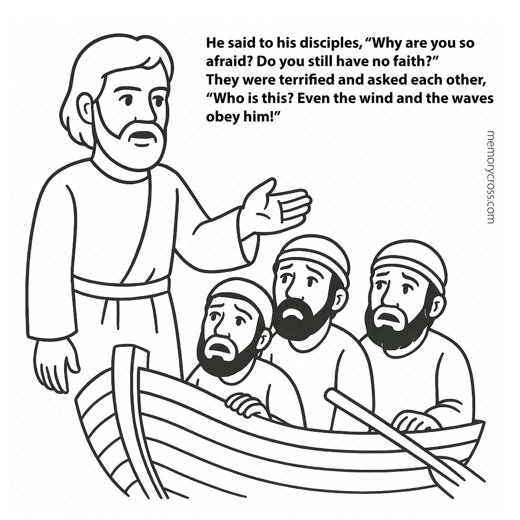 Black and white illustration of Jesus with disciples in a boat, with text above.