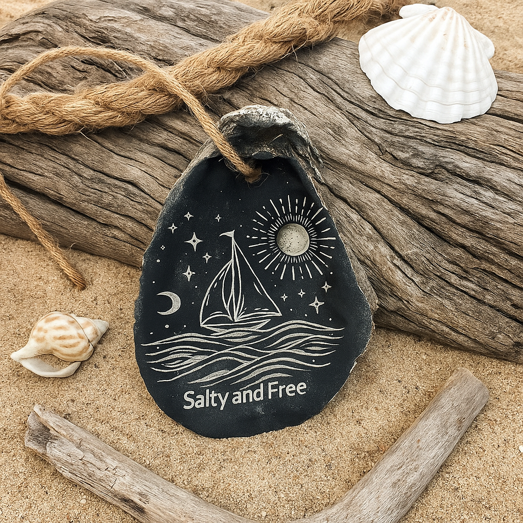 Decorative stone with sailboat design and 'Salty and Free' text, surrounded by driftwood and shells on sand.
