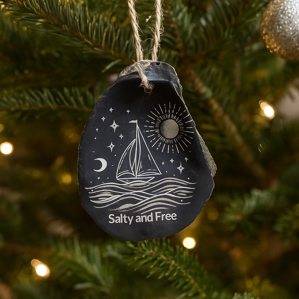 Decorative ornament with sailboat design and 'Salty and Free' text on a Christmas tree.