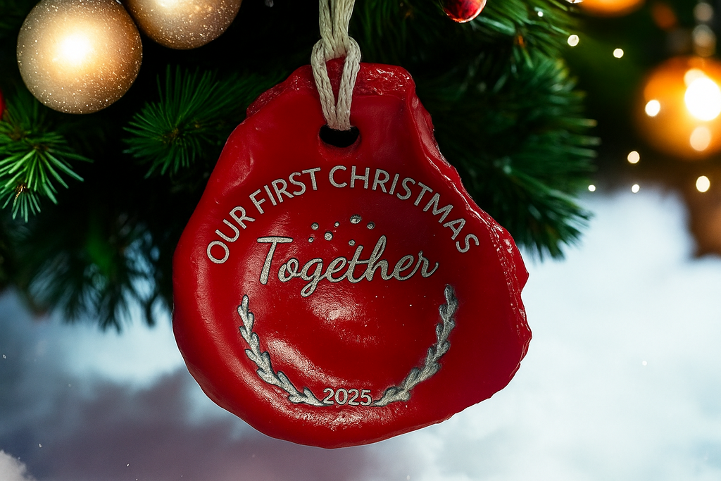 Red ornament with 'Our First Christmas Together 2025' text on a Christmas tree.