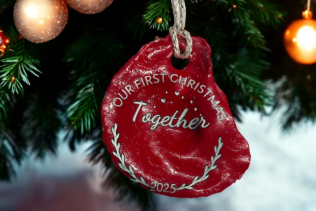 Red ornament with 'Our First Christmas Together 2025' text on a Christmas tree.