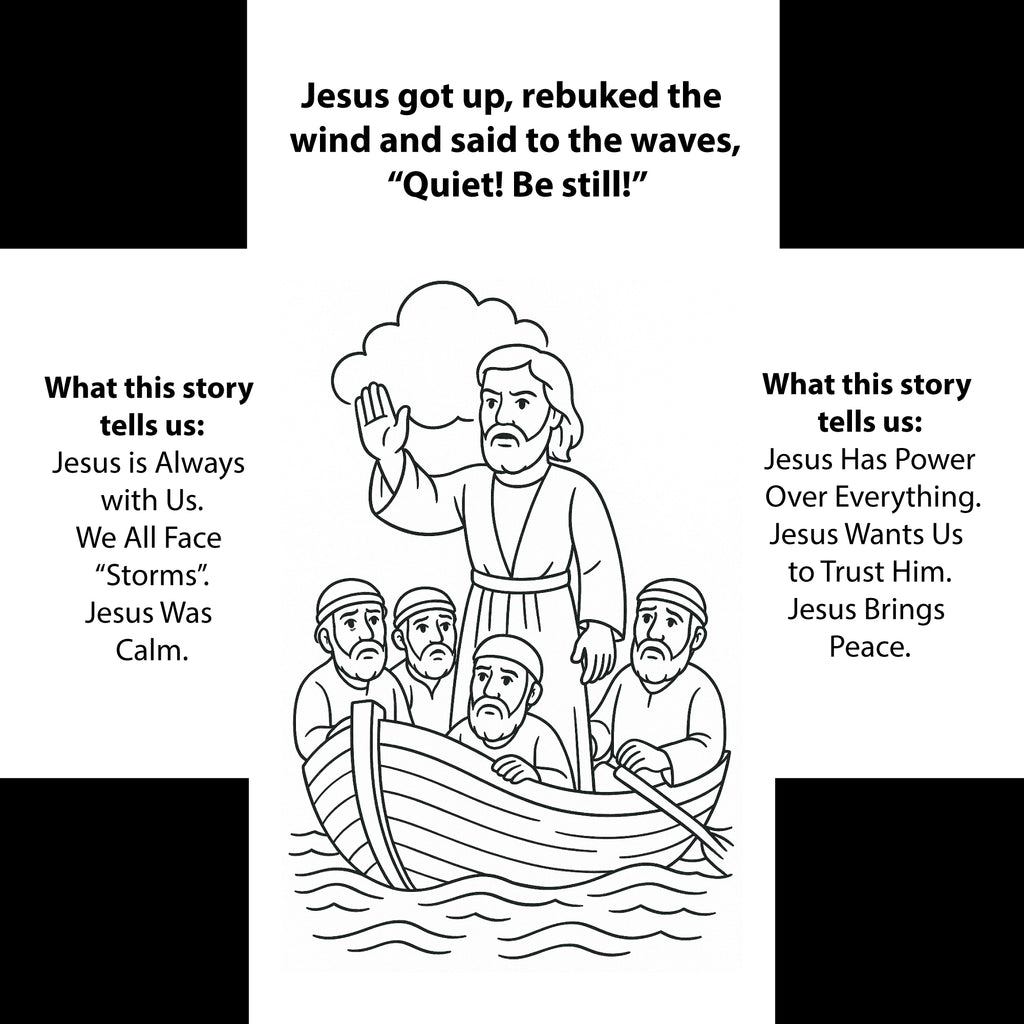 Illustration of Jesus calming the storm with text explaining the story's message.