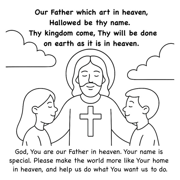 Memory Cross interactive card with four panels that make an endless loop.  Teaches children the Lord's Prayer.  Also can be used as a craft activity